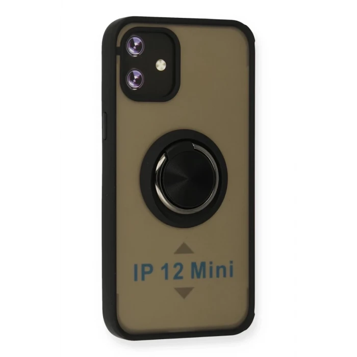 Newface Apple iPhone 12 Kılıf Montreal Yüzüklü Silikon Kapak - Siyah