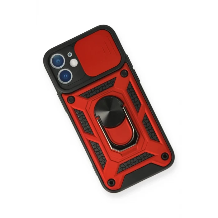 Newface Apple iPhone 12 Kılıf Pars Lens Yüzüklü Silikon - Kırmızı