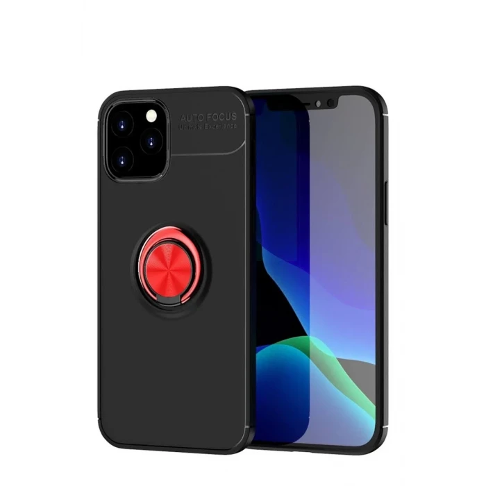 Newface Apple iPhone 12 Kılıf Range Yüzüklü Silikon - Siyah-Kırmızı