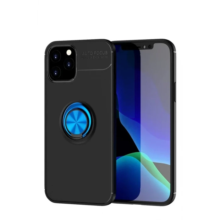Newface Apple iPhone 12 Kılıf Range Yüzüklü Silikon - Siyah-Mavi