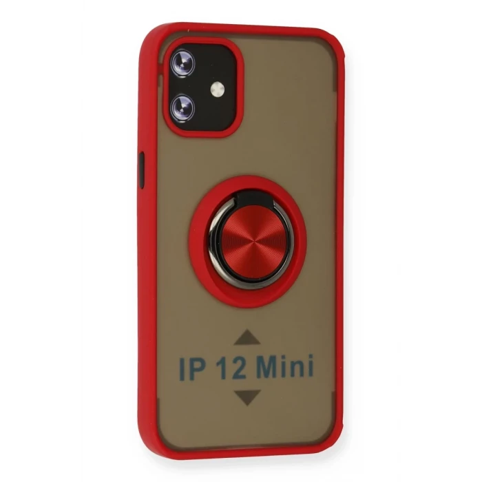 Newface Apple iPhone 12 Mini Kılıf Montreal Yüzüklü Silikon Kapak - Kırmızı