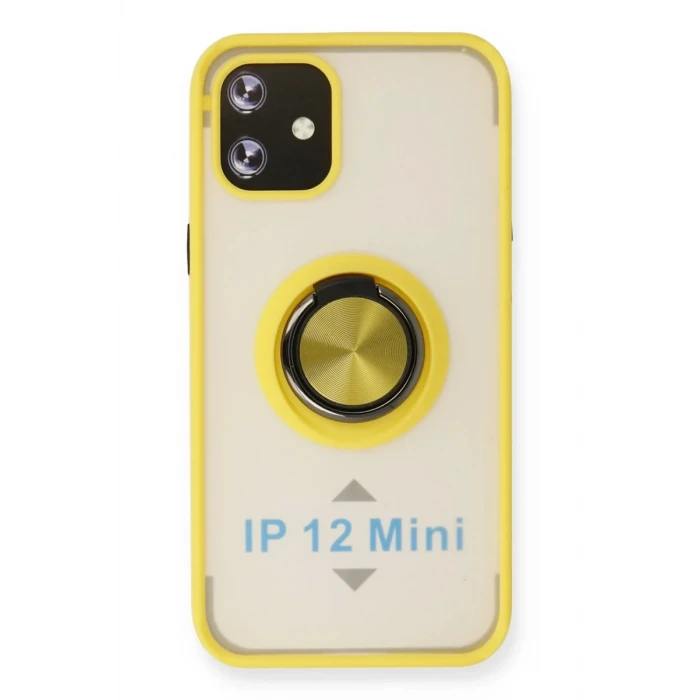 Newface Apple iPhone 12 Mini Kılıf Montreal Yüzüklü Silikon Kapak - Sarı