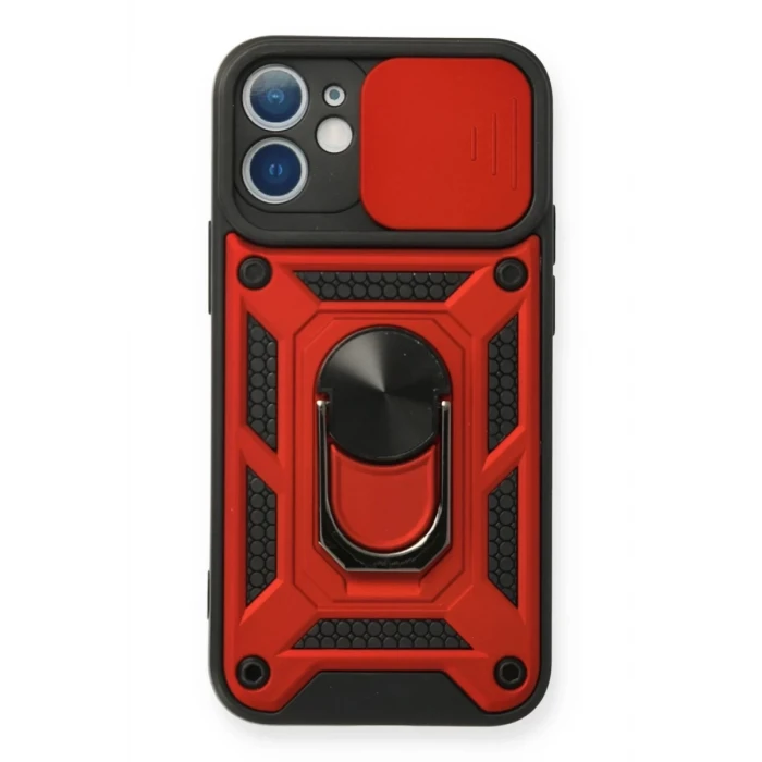 Newface Apple iPhone 12 Mini Kılıf Pars Lens Yüzüklü Silikon - Kırmızı