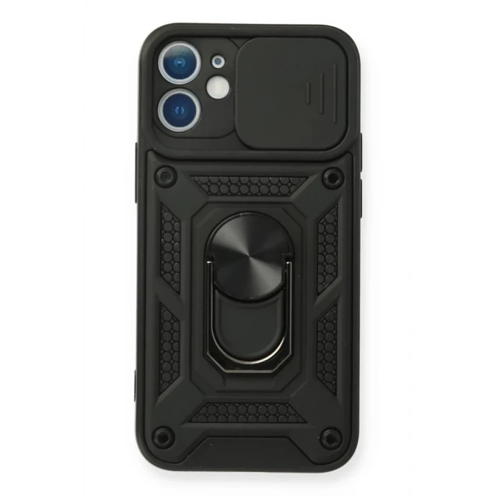 Newface Apple iPhone 12 Mini Kılıf Pars Lens Yüzüklü Silikon - Siyah
