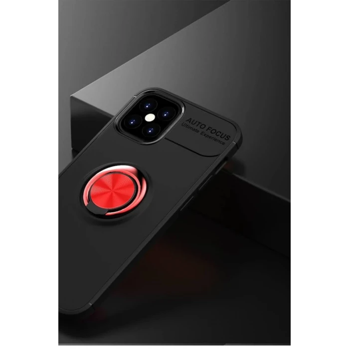 Newface Apple iPhone 12 Mini Kılıf Range Yüzüklü Silikon - Siyah-Kırmızı