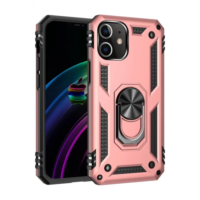 Newface Apple iPhone 12 Mini Kılıf Sofya Yüzüklü Silikon Kapak - Rose