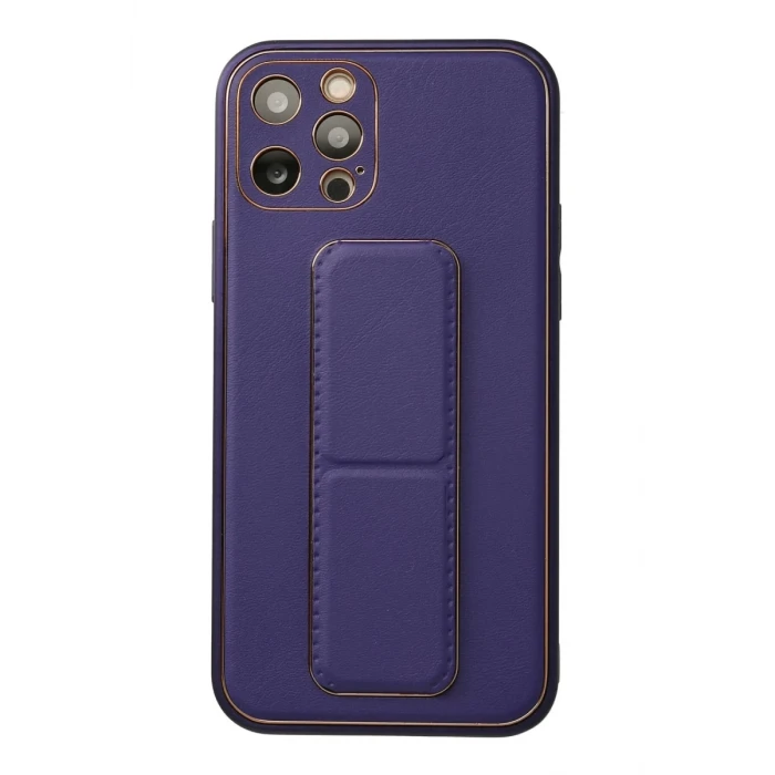 Newface Apple iPhone 12 Pro Kılıf Coco Deri Standlı Kapak - Mor