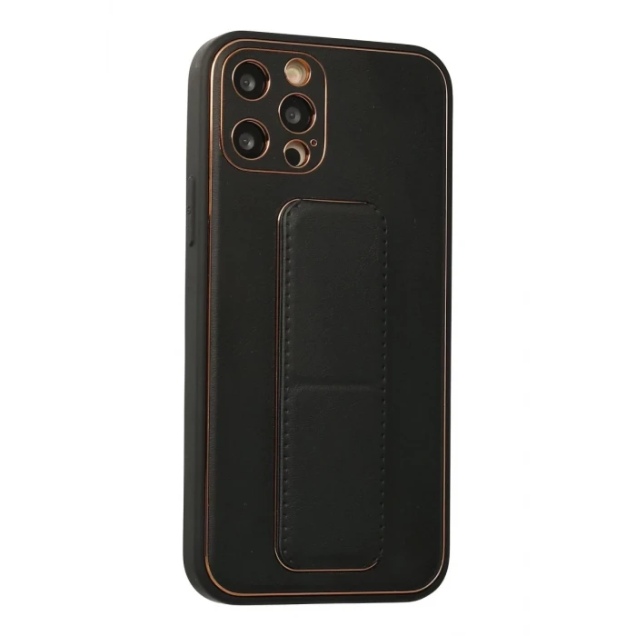 Newface Apple iPhone 12 Pro Kılıf Coco Deri Standlı Kapak - Siyah