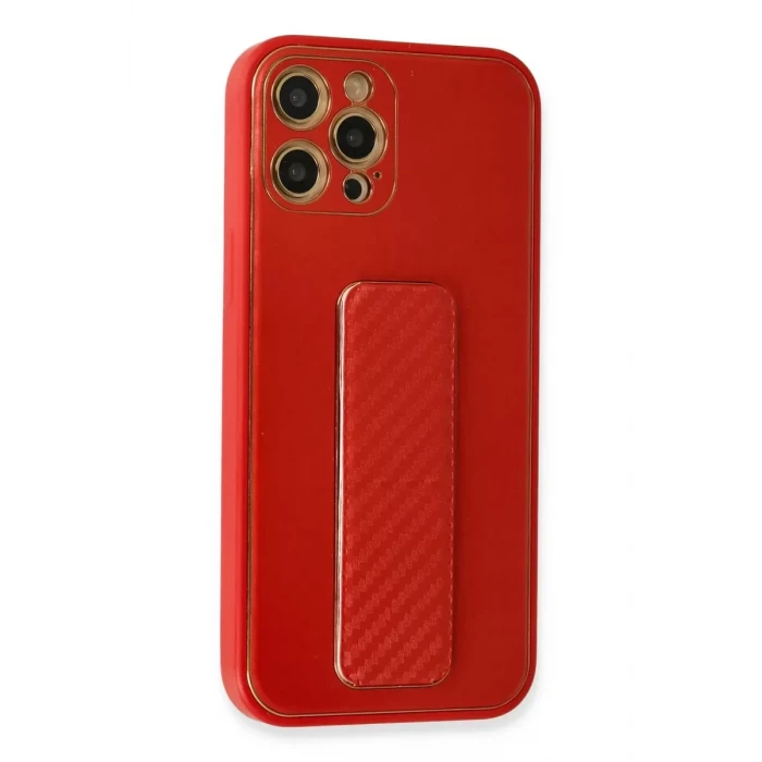 Newface Apple iPhone 12 Pro Kılıf Coco Karbon Standlı Kapak - Kırmızı