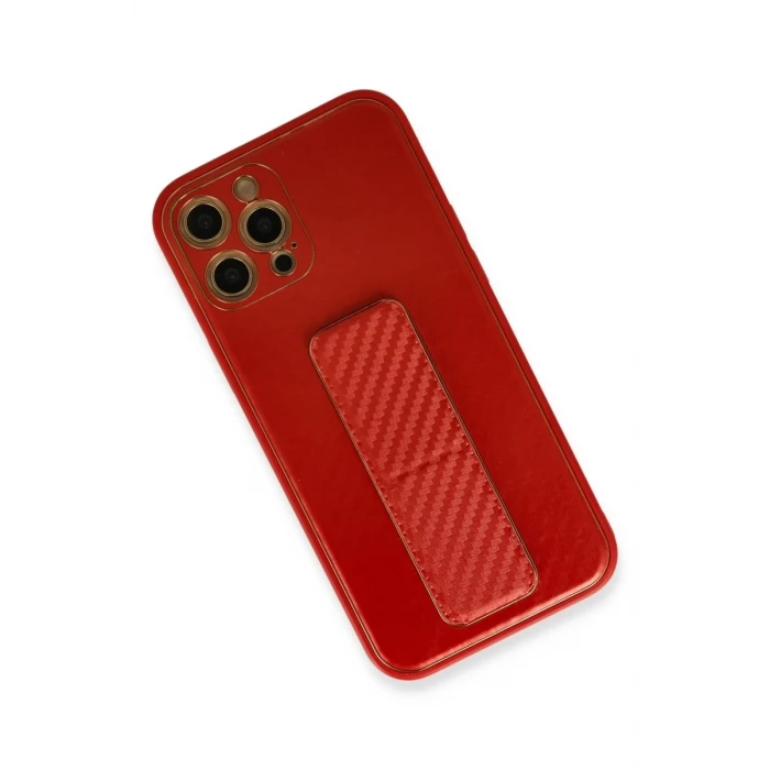 Newface Apple iPhone 12 Pro Kılıf Coco Karbon Standlı Kapak - Kırmızı