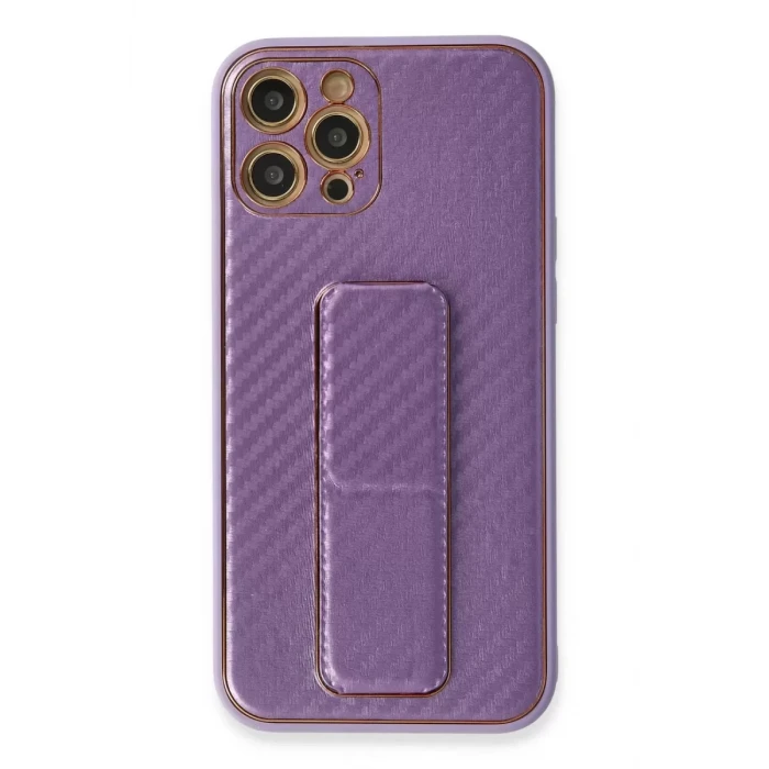 Newface Apple iPhone 12 Pro Kılıf Coco Karbon Standlı Kapak - Mor