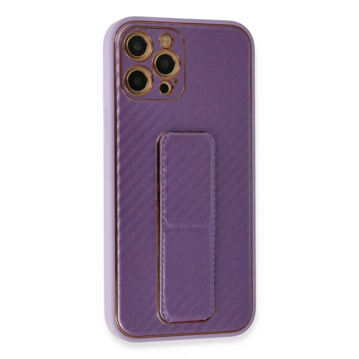 Newface Apple iPhone 12 Pro Kılıf Coco Karbon Standlı Kapak - Mor