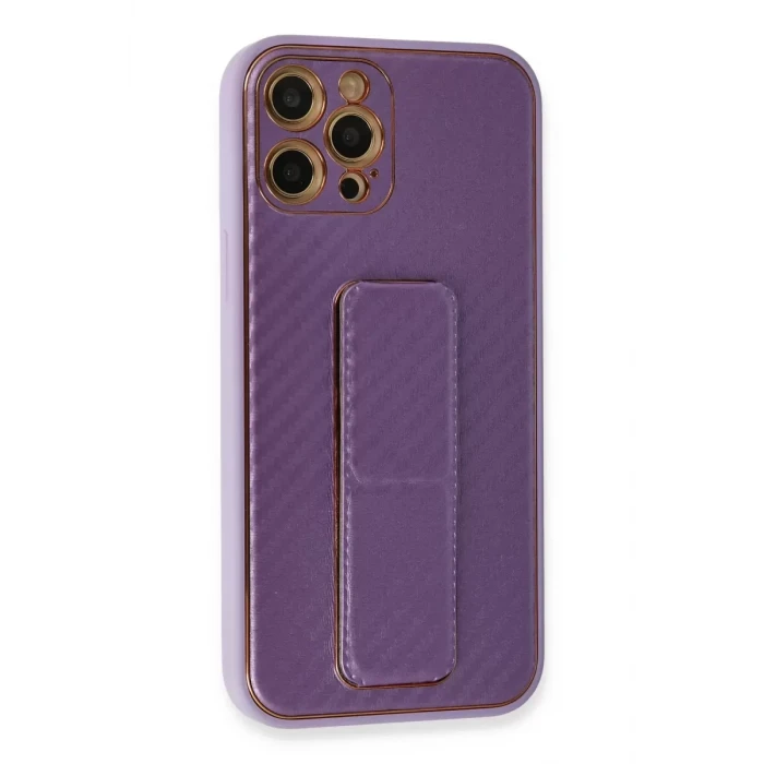 Newface Apple iPhone 12 Pro Kılıf Coco Karbon Standlı Kapak - Mor