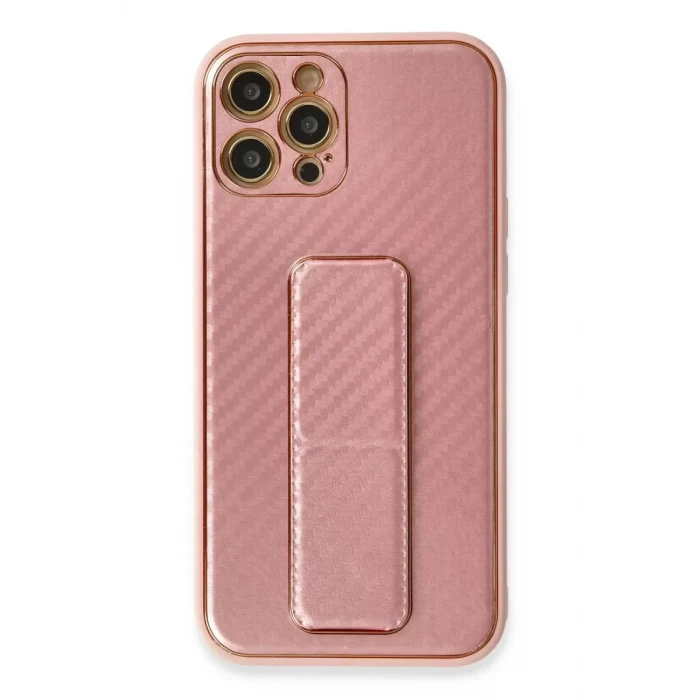 Newface Apple iPhone 12 Pro Kılıf Coco Karbon Standlı Kapak - Pembe