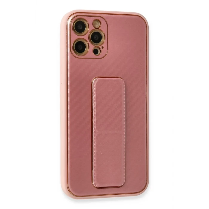 Newface Apple iPhone 12 Pro Kılıf Coco Karbon Standlı Kapak - Pembe
