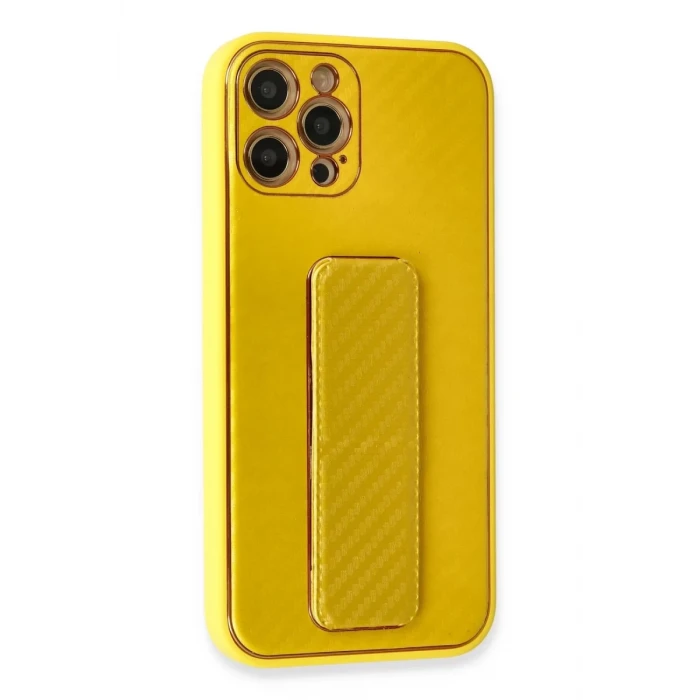Newface Apple iPhone 12 Pro Max Kılıf Coco Karbon Standlı Kapak - Sarı