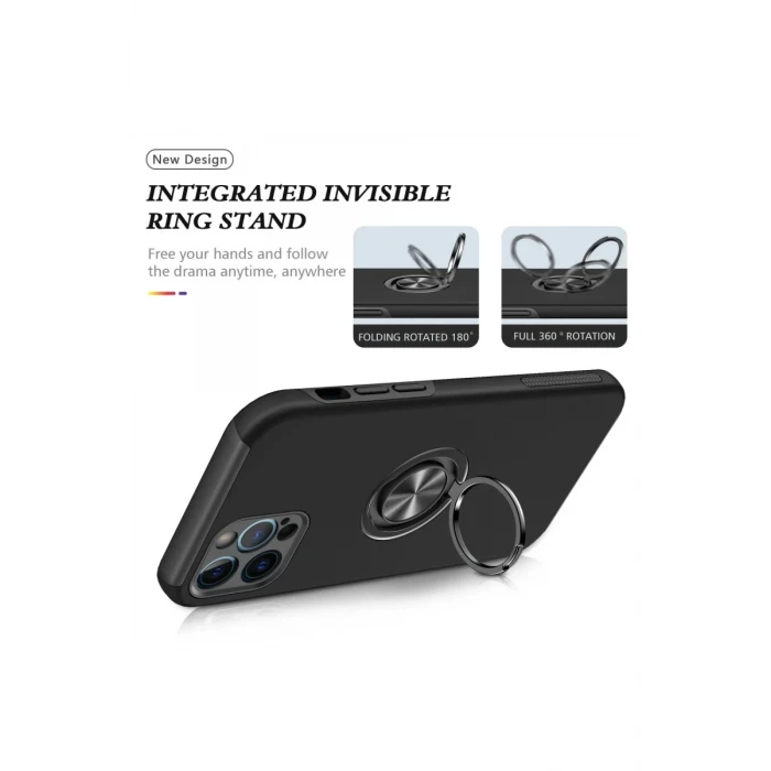 Newface Apple iPhone 12 Pro Max Kılıf Elit Yüzüklü Kapak - Siyah