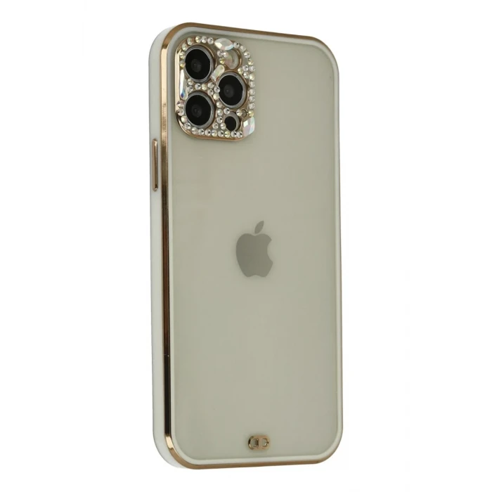 Newface Apple iPhone 12 Pro Max Kılıf Liva Taşlı Silikon - Beyaz