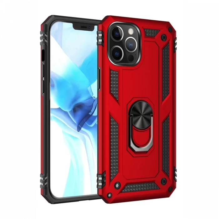 Newface Apple iPhone 12 Pro Max Kılıf Sofya Yüzüklü Silikon Kapak - Kırmızı