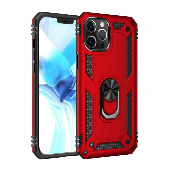 Newface Apple iPhone 12 Pro Max Kılıf Sofya Yüzüklü Silikon Kapak - Kırmızı