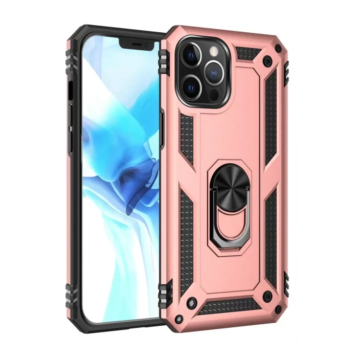 Newface Apple iPhone 12 Pro Max Kılıf Sofya Yüzüklü Silikon Kapak - Rose