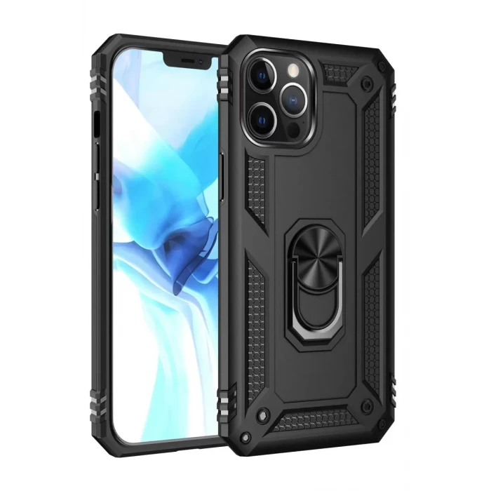 Newface Apple iPhone 12 Pro Max Kılıf Sofya Yüzüklü Silikon Kapak - Siyah