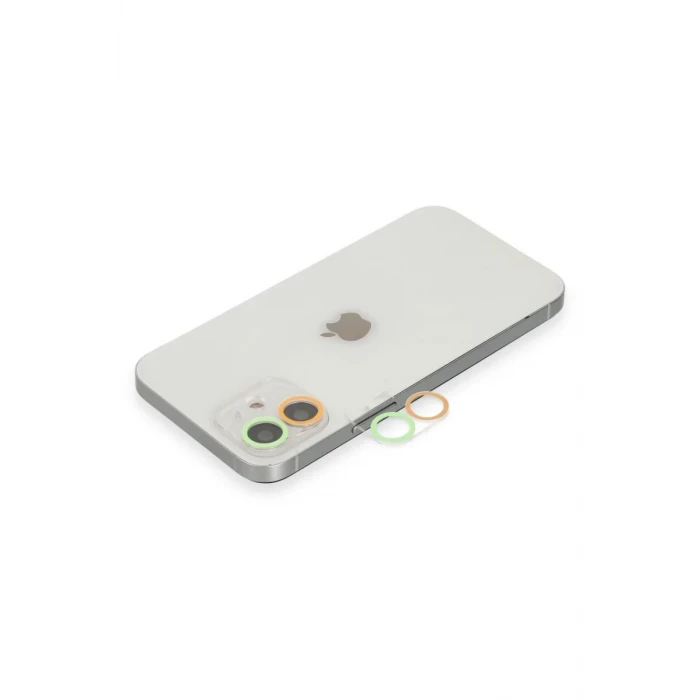 Newface Apple iPhone 12 Renkli Kamera Lens Koruma Cam - Turuncu-Yeşil