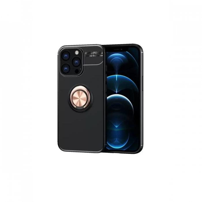 Newface Apple iPhone 13 Pro Kılıf Range Yüzüklü Silikon - Siyah-Gold