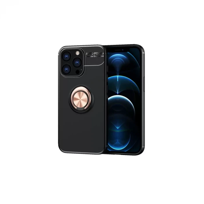 Newface Apple iPhone 13 Pro Kılıf Range Yüzüklü Silikon - Siyah-Gold
