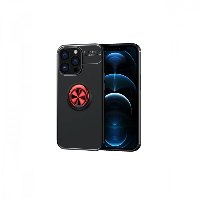 Newface Apple iPhone 13 Pro Kılıf Range Yüzüklü Silikon - Siyah-Kırmızı