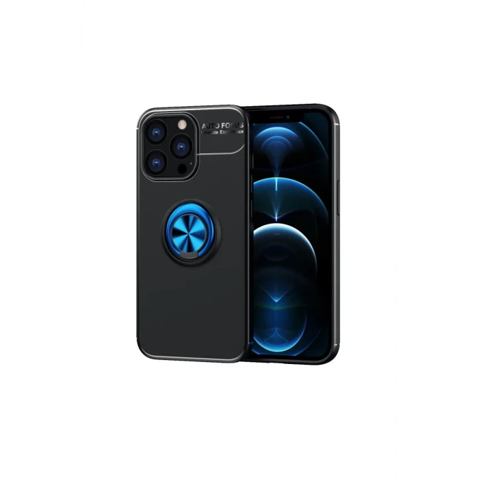 Newface Apple iPhone 13 Pro Kılıf Range Yüzüklü Silikon - Siyah-Mavi