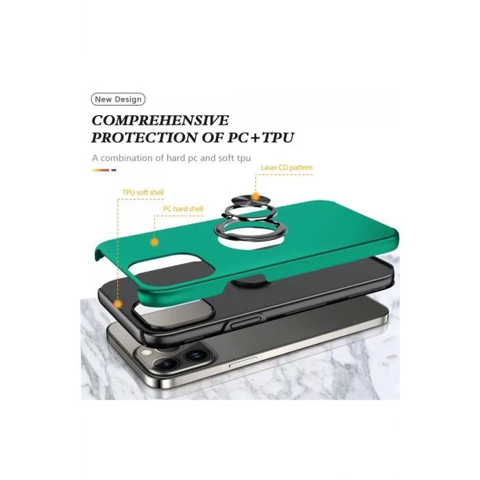 Newface Apple iPhone 13 Pro Max Kılıf Elit Yüzüklü Kapak - Yeşil