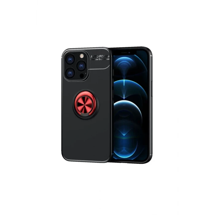 Newface Apple iPhone 13 Pro Max Kılıf Range Yüzüklü Silikon - Siyah-Kırmızı
