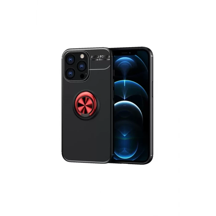 Newface Apple iPhone 13 Pro Max Kılıf Range Yüzüklü Silikon - Siyah-Kırmızı