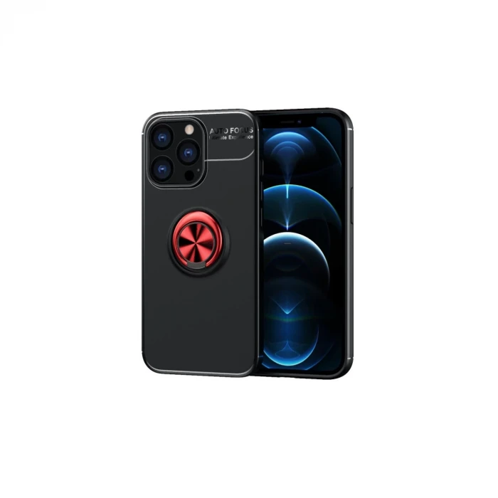 Newface Apple iPhone 13 Pro Max Kılıf Range Yüzüklü Silikon - Siyah-Kırmızı