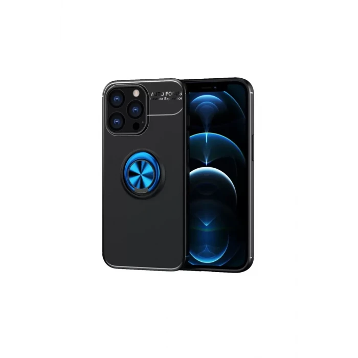 Newface Apple iPhone 13 Pro Max Kılıf Range Yüzüklü Silikon - Siyah-Mavi