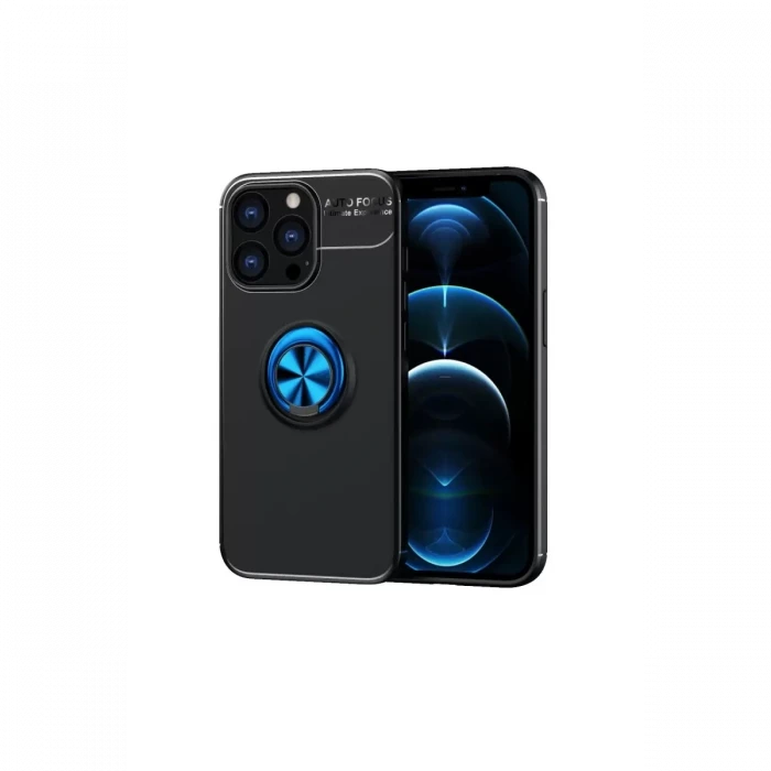 Newface Apple iPhone 13 Pro Max Kılıf Range Yüzüklü Silikon - Siyah-Mavi