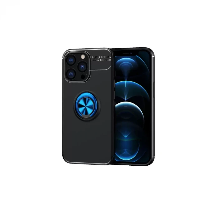 Newface Apple iPhone 13 Pro Max Kılıf Range Yüzüklü Silikon - Siyah-Mavi
