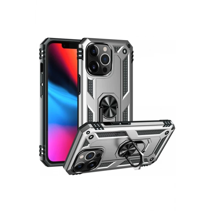 Newface Apple iPhone 13 Pro Max Kılıf Sofya Yüzüklü Silikon Kapak - Gümüş