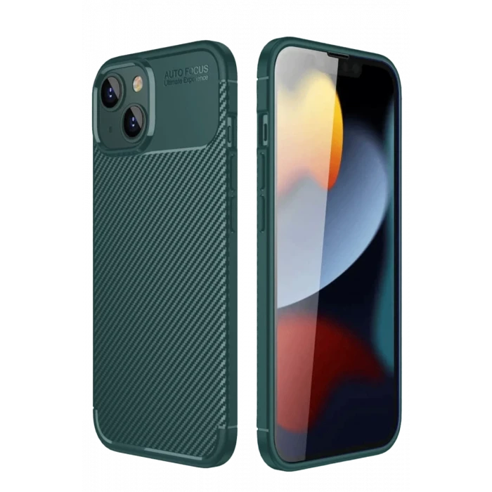 Newface Apple iPhone 14 Kılıf Auto Focus Karbon Kapak - Koyu Yeşil