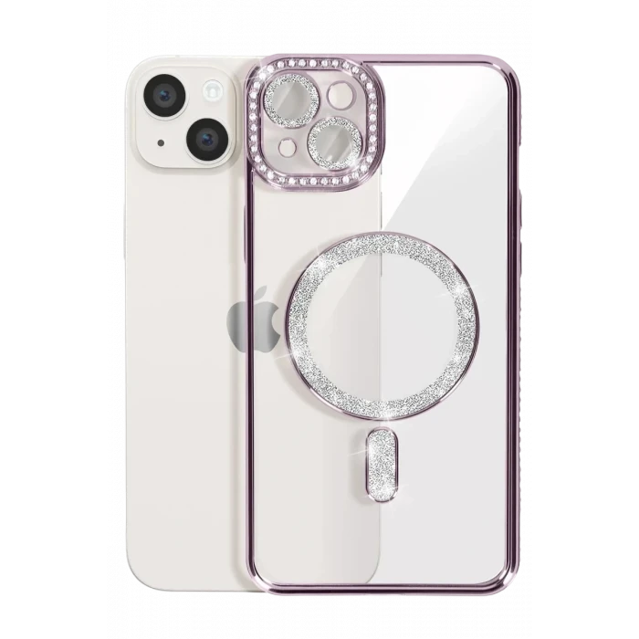 Newface Apple iPhone 14 Kılıf Joke Simli Magneticsafe Kılıf - Derin Mor