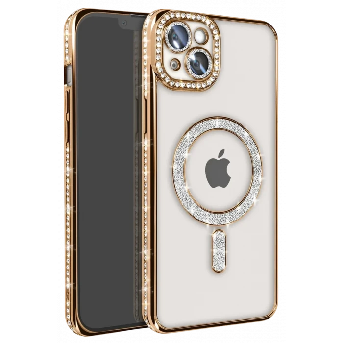 Newface Apple iPhone 14 Kılıf Joke Simli Magneticsafe Kılıf - Gold