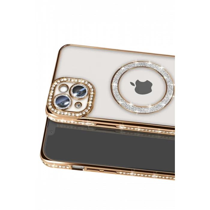 Newface Apple iPhone 14 Kılıf Joke Simli Magneticsafe Kılıf - Gold