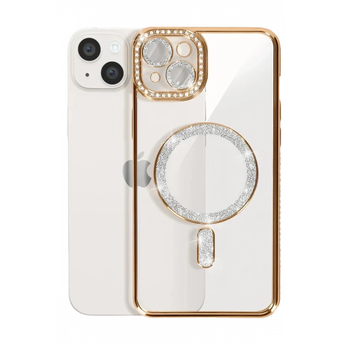 Newface Apple iPhone 14 Kılıf Joke Simli Magneticsafe Kılıf - Gold