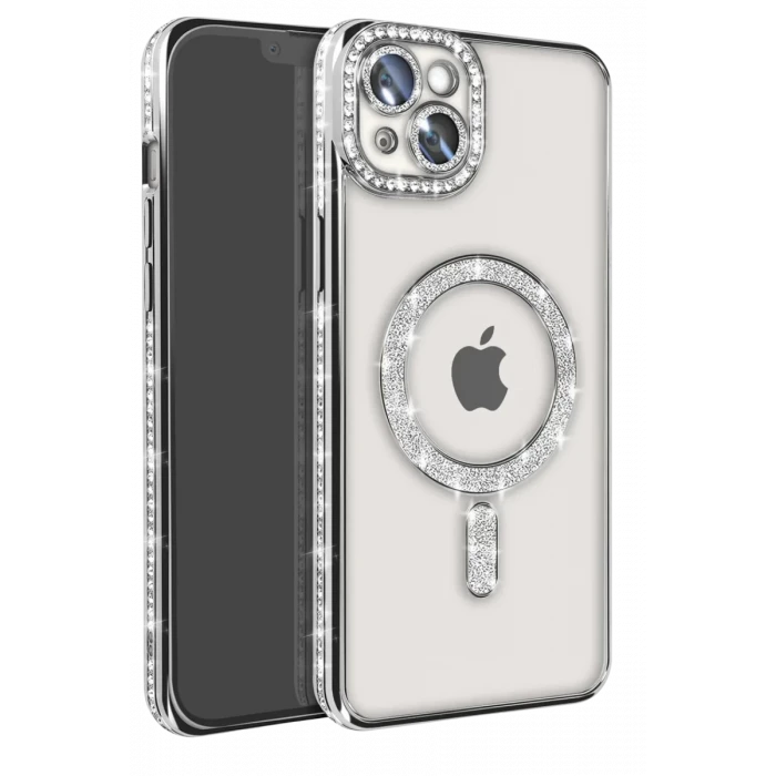 Newface Apple iPhone 14 Kılıf Joke Simli Magneticsafe Kılıf - Gümüş