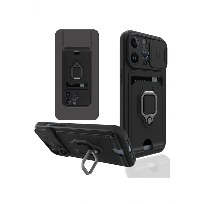 Newface Apple iPhone 14 Pro Kılıf Zuma Kartvizitli Yüzüklü Silikon - Siyah