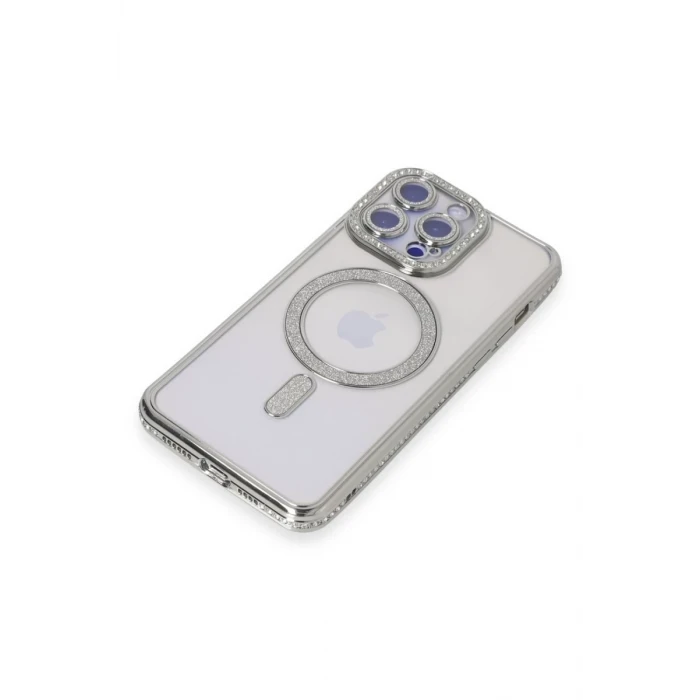 Newface Apple iPhone 14 Pro Max Kılıf Joke Simli Magneticsafe Kılıf - Gümüş