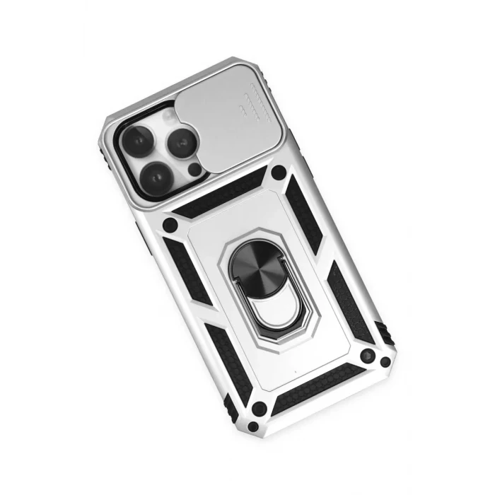 Newface Apple iPhone 14 Pro Max Kılıf Pars Lens Yüzüklü Silikon - Gümüş