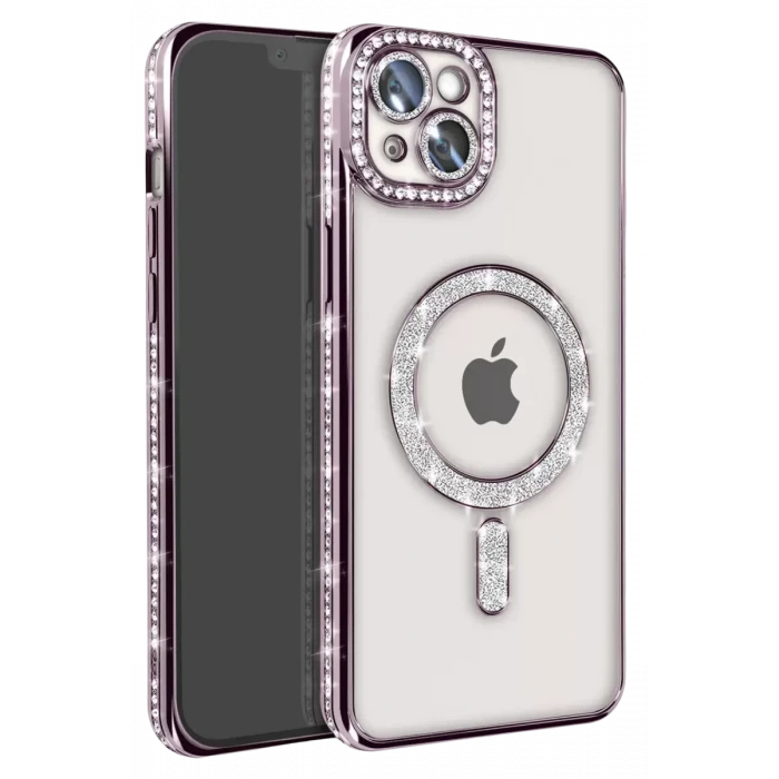 Newface Apple iPhone 15 Kılıf Joke Simli Magneticsafe Kılıf - Derin Mor