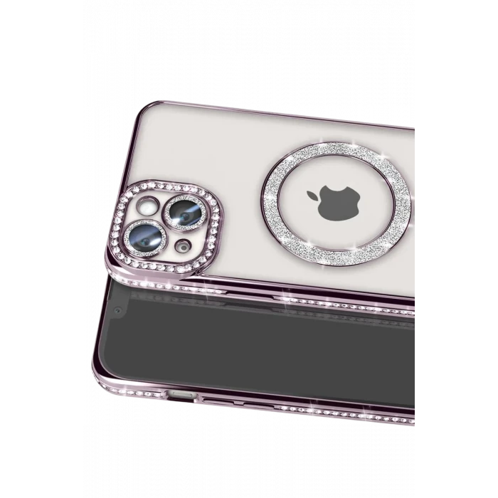 Newface Apple iPhone 15 Kılıf Joke Simli Magneticsafe Kılıf - Derin Mor